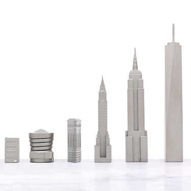 Skyline Chess Set Stainless Steel New York Edition with Wood Map Board