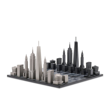 Skyline Chess Set Stainless Steel New York Edition with Wood Map Board