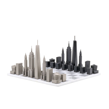 Skyline Chess Set Stainless Steel New York Edition with Marble Hatch Board