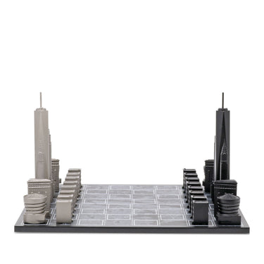 Skyline Chess Set Stainless Steel New York Edition with Wood Map Board