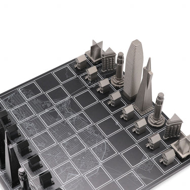 Skyline Chess Set Acrylic New York vs Los Angeles Edition with Marble Hatch Board