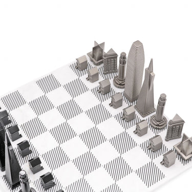 Skyline Chess Set Stainless Steel San Francisco Edition with Marble Hatch Board