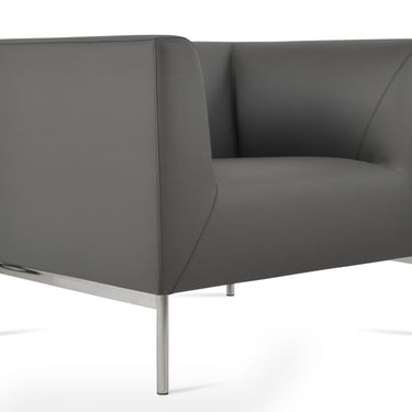 Modern Laguna arm chair with grey leatherette upholstery and polished steel base for living room seating