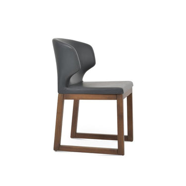 Modern Amed Sled Wood upholstered dining chair with grey leatherette seat and walnut wood base