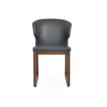Grey upholstered Amed Sled Wood dining chair with walnut beech sled base by Soho Concept