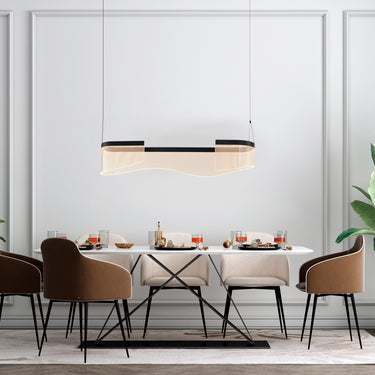 ET2 Sonata linear pendant above a dining table with brown chairs and potted plants in a paneled room