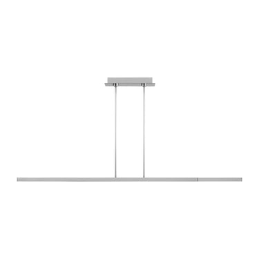 Long 60-inch linear suspension light over dining table. Elegant LED fixture by Visual Comfort.