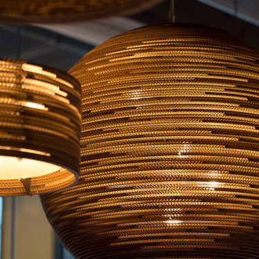 UL Listed Graypants Sun pendant light - natural recycled cardboard finish.