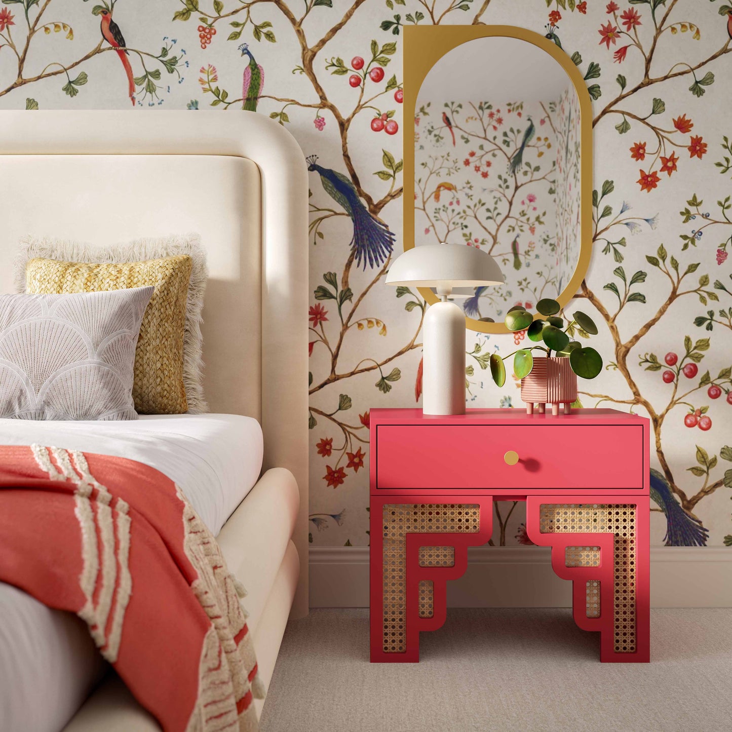 Tov Furniture Suzie Coral Pink & Rattan Nightstand