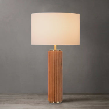 Nova of California Tambo Table Lamp Natural Ash Wood Weathered Brass White Linen Shade