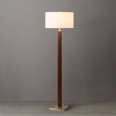 Nova of California Tambo Floor Lamp Dark Walnut Wood Weathered Brass White Linen Shade