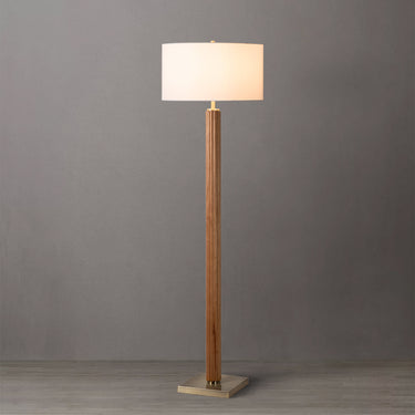 Nova of California Tambo Floor Lamp Natural Ash Wood Weathered Brass White Linen Shade