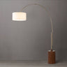 Nova of California Tambo Arc Floor Lamp Dark Walnut Wood Weathered Brass Tambour Base White Linen Shade
