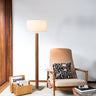 Nova of California Tambo Floor Lamp Natural Ash Wood Weathered Brass White Linen Shade