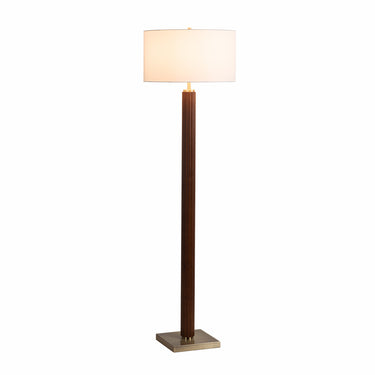 Nova of California Tambo Floor Lamp Dark Walnut Wood Weathered Brass White Linen Shade