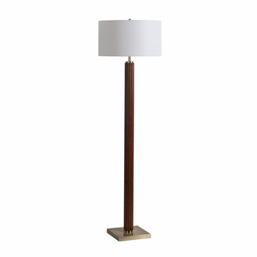 Nova of California Tambo Floor Lamp Dark Walnut Wood Weathered Brass White Linen Shade