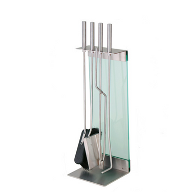 Conmoto Teras Fireplace Tools with Stand, studio view of the stainless steel and glass stand