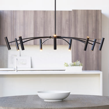 Designer black 55-inch chandelier with arched rods and energy-efficient LED lighting by Sean Lavin