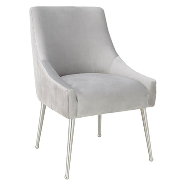 TOV Beatrix Pleated Light Grey Performance Velvet Dining Chair - Silver Legs Light Grey