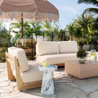 TOV Reavan 67" Cream Performance Fabric Outdoor Lounge Sofa Cream, Light Teak