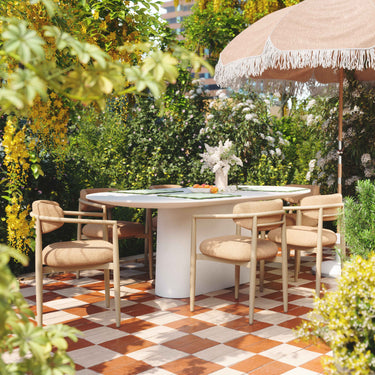 TOV Annika Textured Contract-Grade Fabric Outdoor Dining Arm Chair Peach