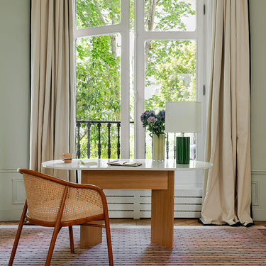 Exclamation wool rug in Bois de Rose, styled in a room