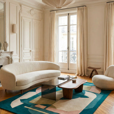 Aduma wool rug in Nuit, styled in a room