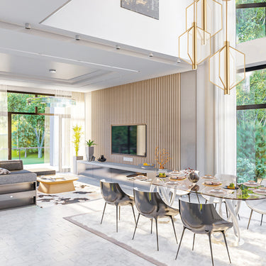 ET2 Telstar acrylic panel pendant over a dining table in a double-height room