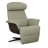 Scandinavian modern Timeout Recliner with swivel foot and matching footstool in taupe fabric for living room comfort
