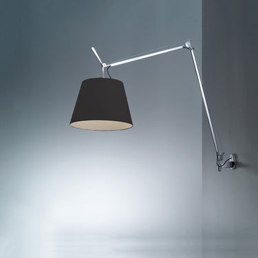 Designer Tolomeo Mega articulating wall mount light with black fabric shade for stylish home decor


