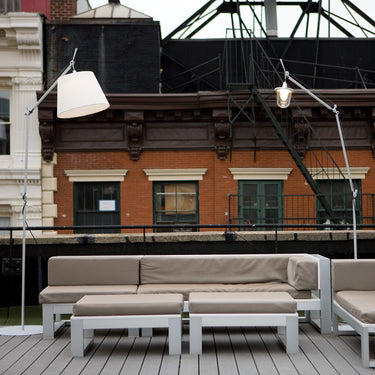 Contemporary outdoor Tolomeo floor lamp in aluminum with durable jute-style diffuser for gardens