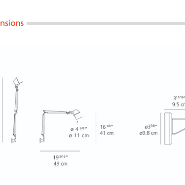 Modern Artemide Tolomeo Micro wall reading lamp with dimmable LED light and rotating aluminum shade dimensions
