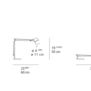 Adjustable Tolomeo Midi LED desk lamp with articulated arms and tiltable head for task lighting - dimensions
