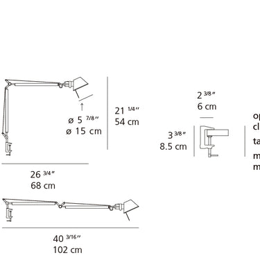 Artemide Tolomeo Mini LED task lamp with 3000K light, motion sensor, and clamp mount in silver aluminum finish