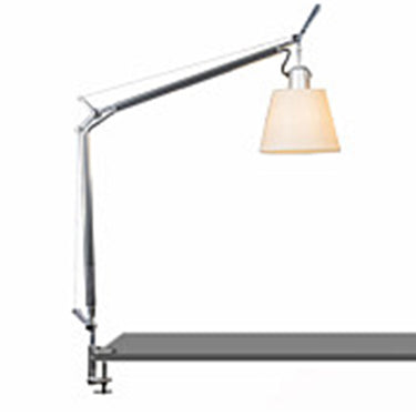 Side view of modern Tolomeo table lamp with articulated aluminum arms and die-cast clamp for study or office