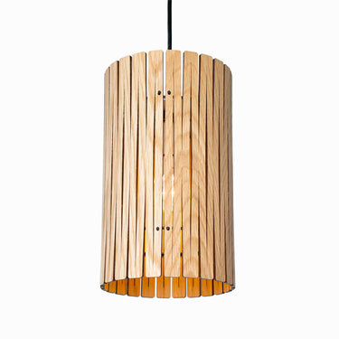 Modern kitchen island with a row of Kerflights P2 wood pendant lights overhead