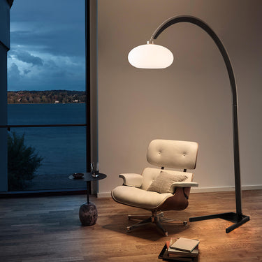 Nova of California Vaulted Arc Floor Lamp By Peter Morelli 86 1968 Design Black Wood Satin Nickel