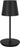 Nevis Short Accent rechargeable table lamp in Black, angled view of the tapered shade and round base on white