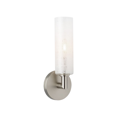 Modern satin nickel wall sconce with textured linen glass diffuser