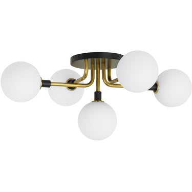 Mid-century style 5-light ceiling fixture with opal glass and brass finish for stylish home or office use