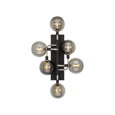 Modern Viaggio LED wall sconce featuring five opal glass globes and brass accents