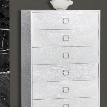 White Crocodile Lacquer Chest - Shop the Victoria 6-drawer chest with a modern design, ample storage, and durable construction. Elevate your bedroom with this statement piece.