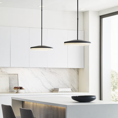 Wyatt 16" pendant light's patina blackfinish, showcasing its living finish, kitchen island lighting.