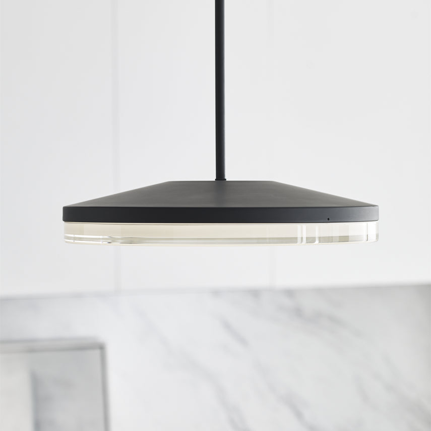 Wyatt 16" round glass diffuser pendant light, dimmable LED, in a modern entryway.