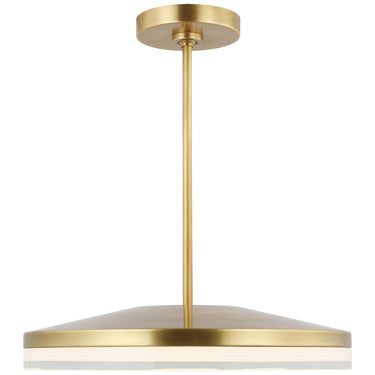  Wyatt 16 inch round LED pendant light, natural brass finish, lit in a dining room
