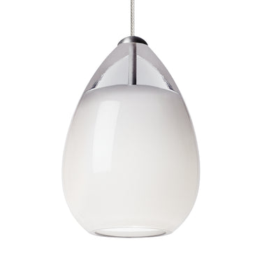 Dimmable Alina Pendant Light, satin nickel finish, white glass, installed as bathroom vanity lighting, modern design