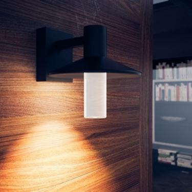 Side profile of Visual Comfort Ash 8-inch modern charcoal outdoor wall sconce (700OWASHH) showing downlight effect.