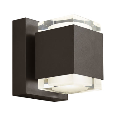 Modern IP65 bronze wall light, Voto 6, commercial building exterior, uplight and downlight pattern.