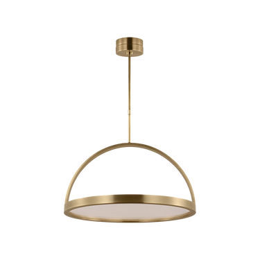 Cerne Medium LED chandelier in natural brass by Visual Comfort hanging above modern dining table