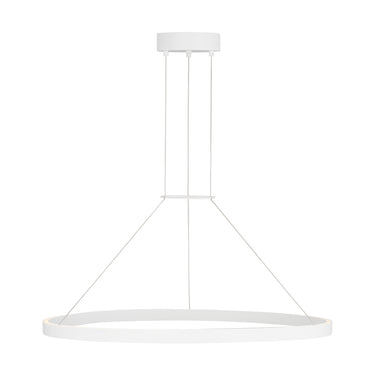 Matte black Fiama LED ring pendant light, 36-inch wide with 3000K dimmable LEDs—designed for both modern homes and commercial interiors.